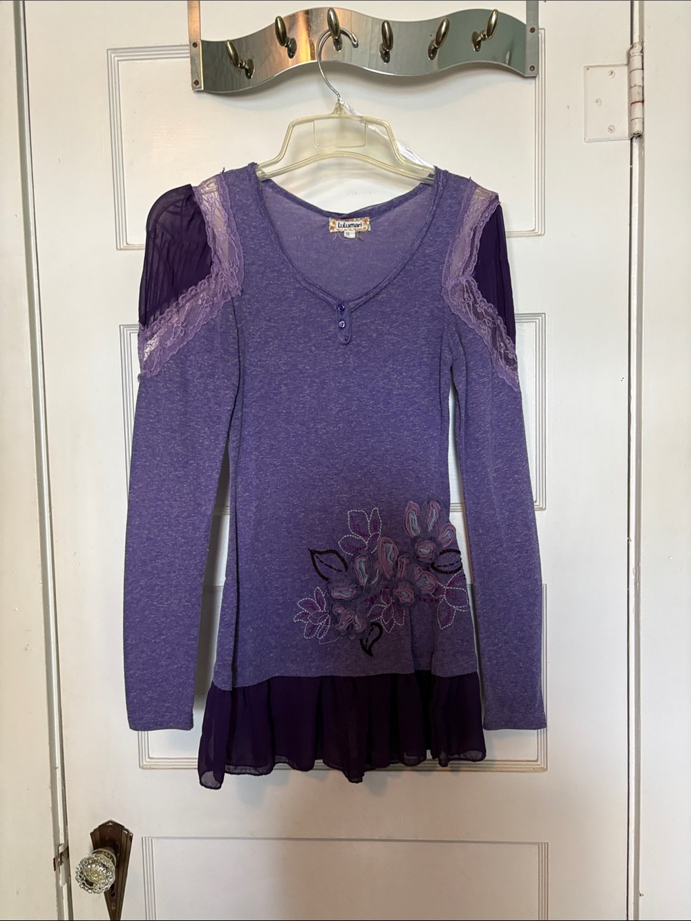 Lulumari Lavender & Plum Floral Lace-Trim Long Sleeve Tunic Size S